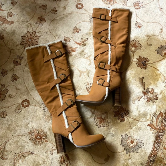 Lyonah Shoes - LYONAH | Tan & shearling stacked heel tall statement winter dress boot